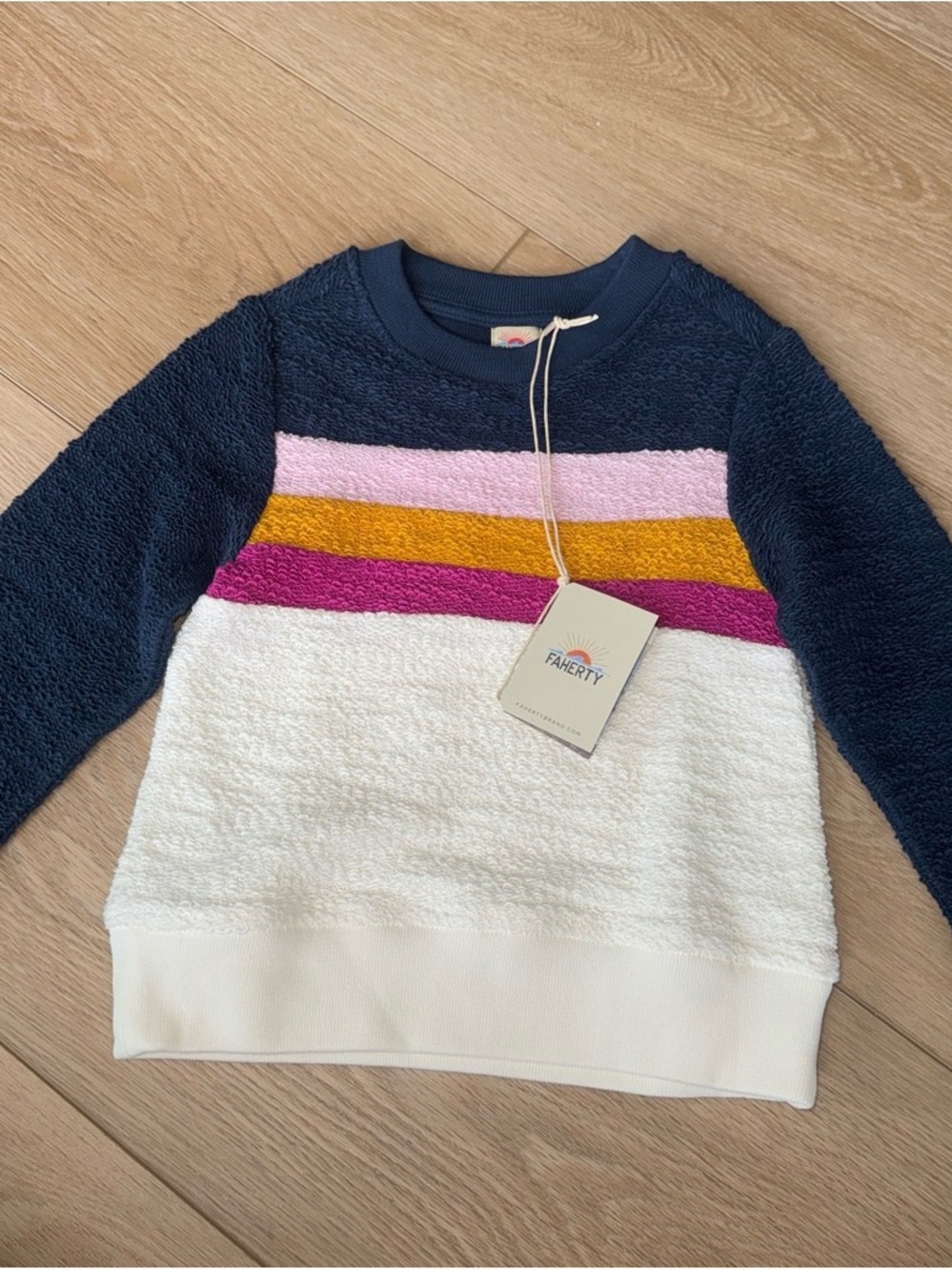 Faherty Navy, White & Multicolor Striped Terry Crewneck Sweater